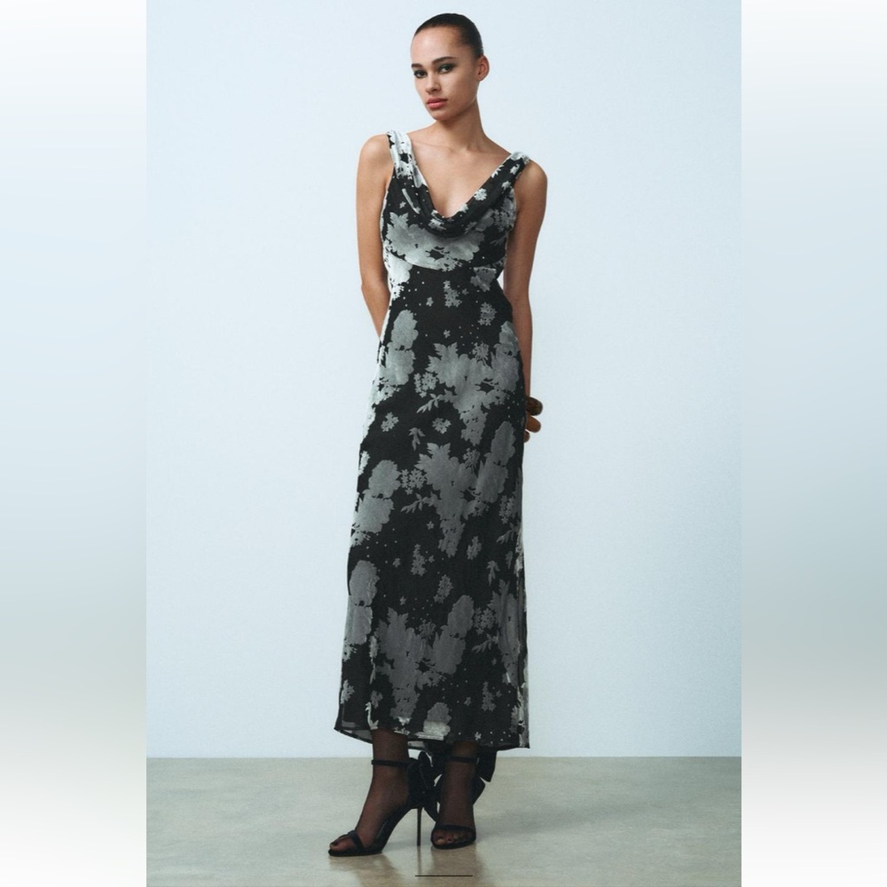 Zara LONG VELVET DRESS blue black Sz US L